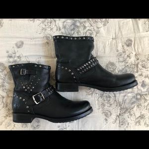 Frye black leather studded Moto Booties
Size 10